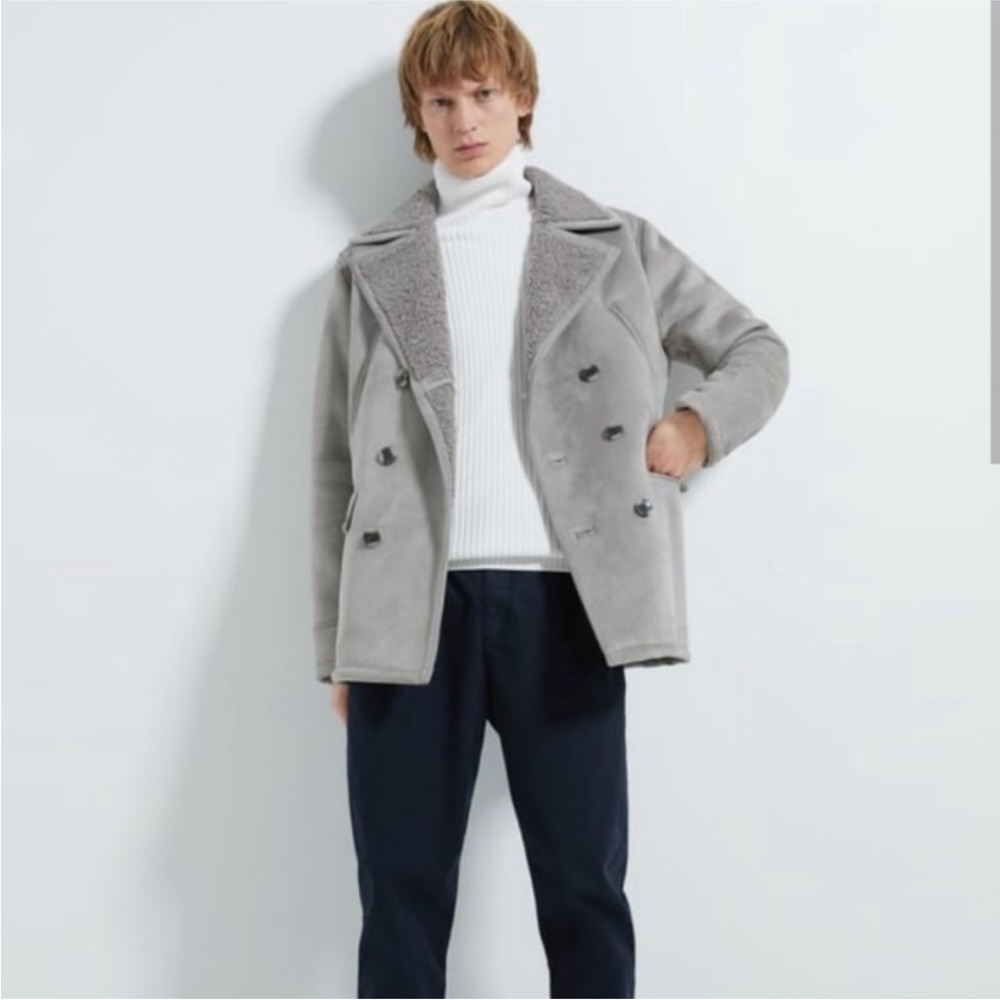 Zara Double Breasted Suede Sherpa Pea Coat Jacket Gray Large